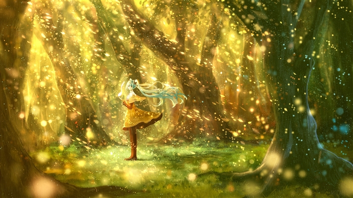 Hatsune Miku in a magical forest with falling leaves