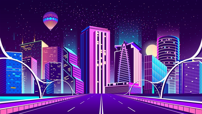 Neon Cityscape with Hot Air Balloon at Night 4K