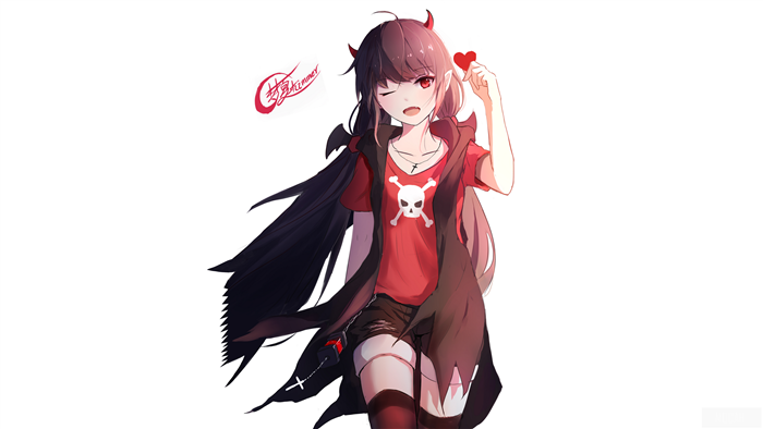 Anime Girl with Devil Horns and Skull Shirt