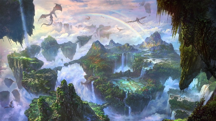 Dragons flying over floating islands with waterfalls