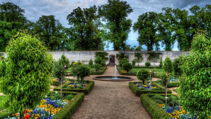 Formal Garden with Fountain and Flowers
