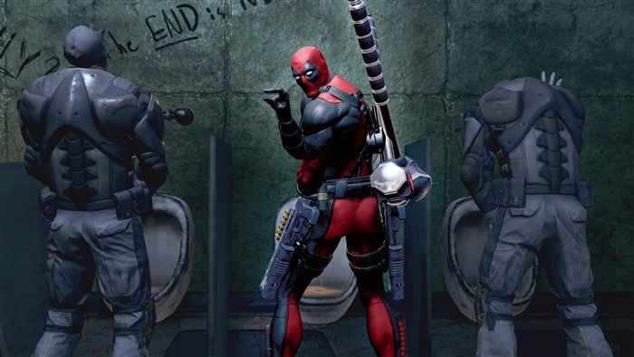 Deadpool in a bathroom with guards