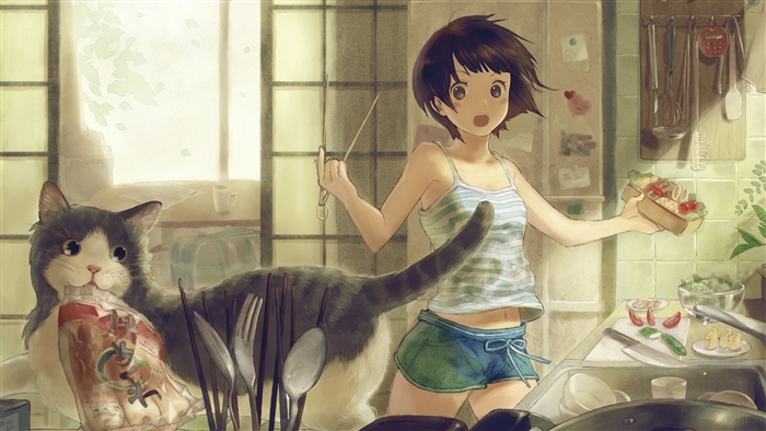 Girl and Cat in Kitchen