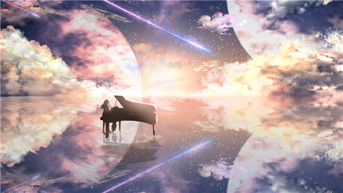 Girl Playing Piano Under Starry Sky with Planets 4K