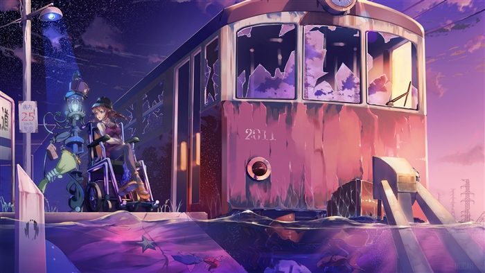 Girl in Wheelchair by Train and Lamp Post at Dusk 4K