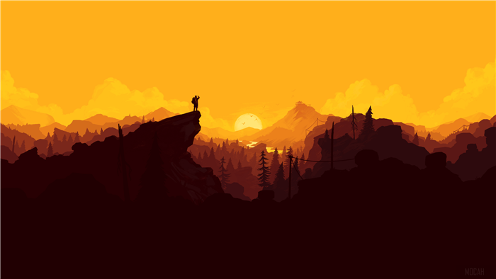 Man on cliff overlooking forest and mountains at sunset 4K