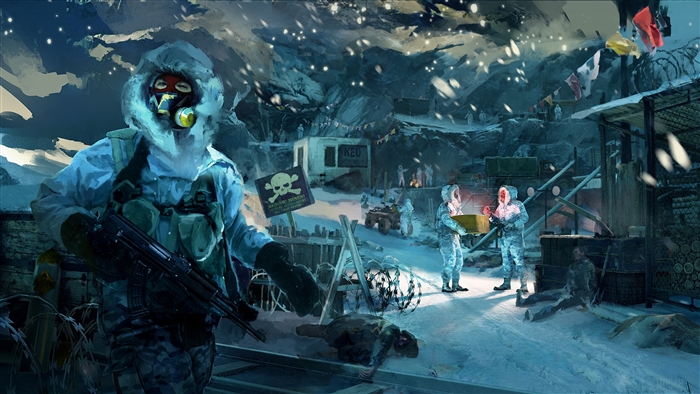 Soldier in hazmat suit in snowy landscape