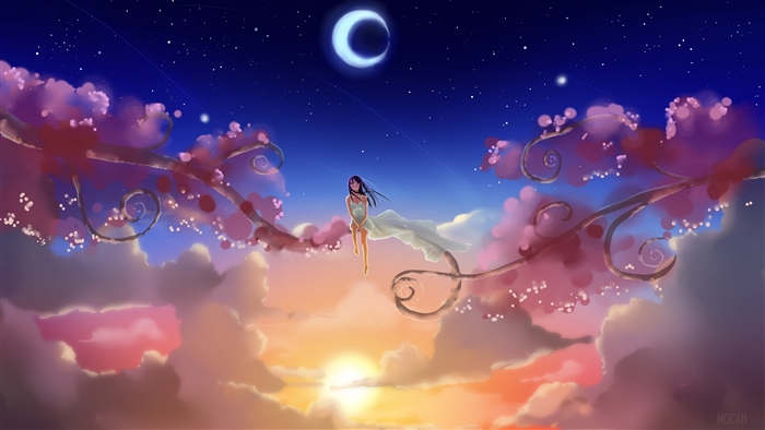 Girl on a tree branch under a crescent moon and starry sky at sunset