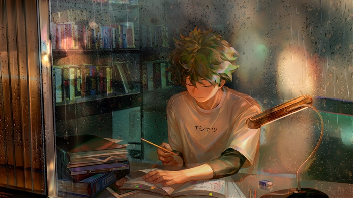 Izuku Midoriya from My Hero Academia studying in the rain 4K