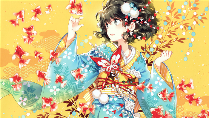 Girl in Kimono with Goldfish and Butterfly