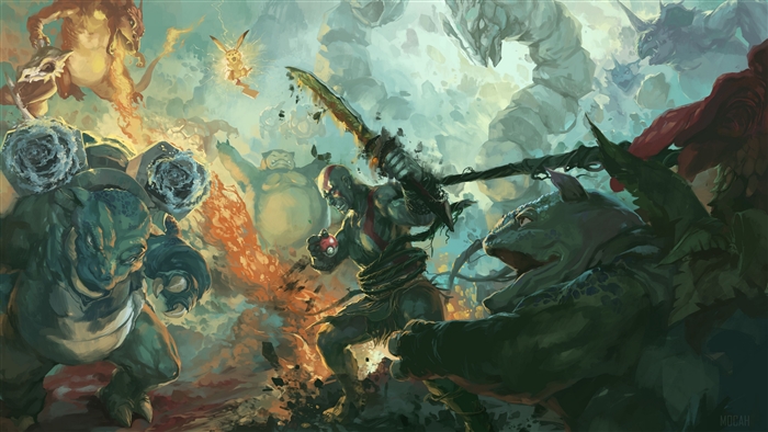 Kratos and Pokémon in a battle 4K