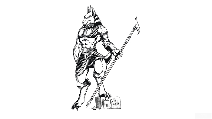 Anubis with a staff and hieroglyphic stone
