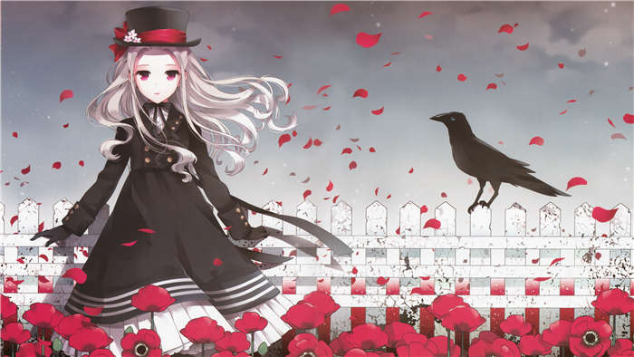 Girl in black coat and hat with crow and poppies