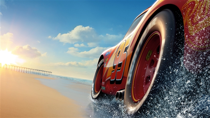 Lightning McQueen Racing on Beach at Sunset 4K