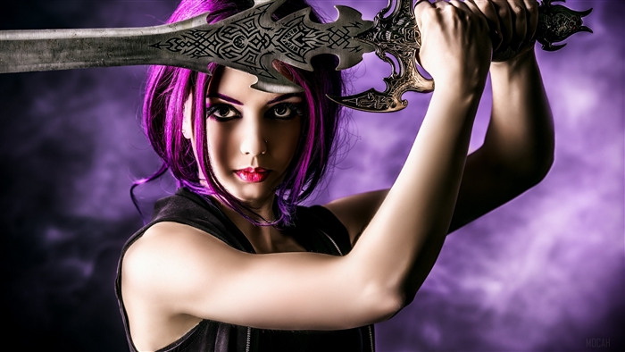 Woman with purple hair holding a fantasy sword