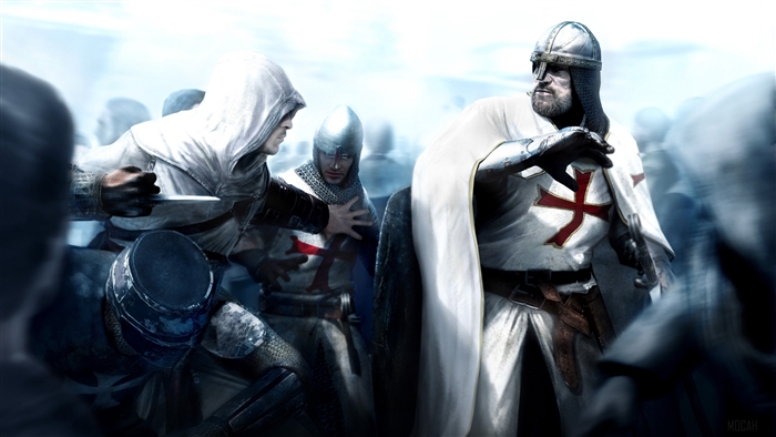 Assassin from Assassin's Creed in battle with Templars 4K