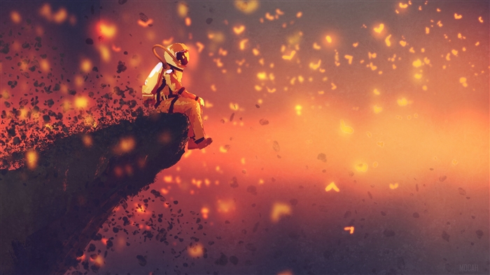 Astronaut sitting on a cliff edge