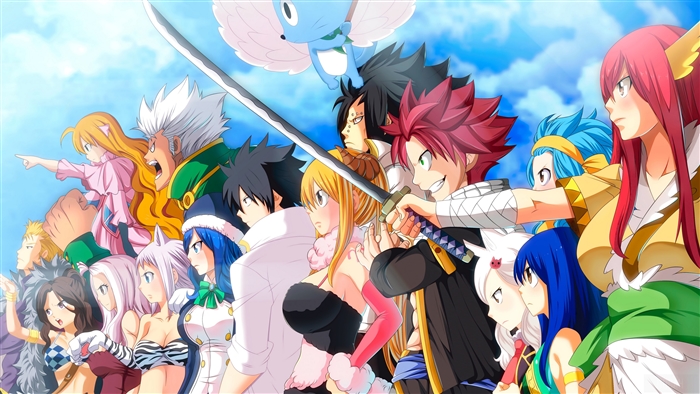Fairy Tail characters in front of a blue sky