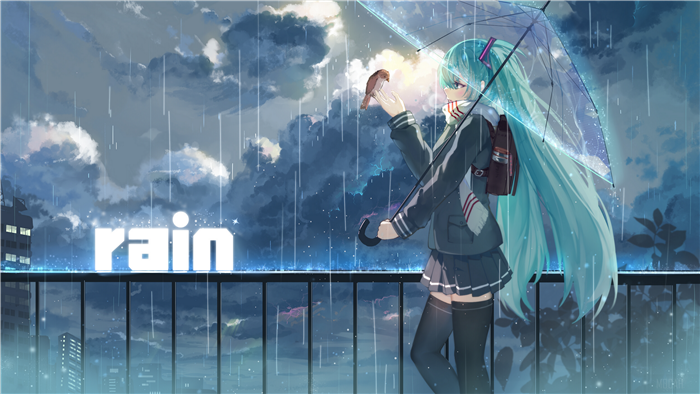 Hatsune Miku from Vocaloid holding an umbrella in the rain
