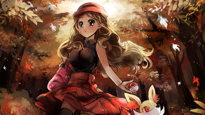 Serena with Fennekin in Autumn Forest 4K