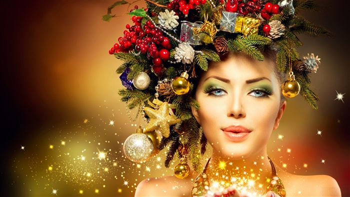 Festive Woman with Sparkling Holiday Decorations in 4K