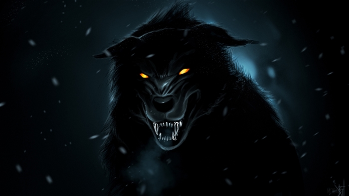 Black wolf with glowing eyes in snow
