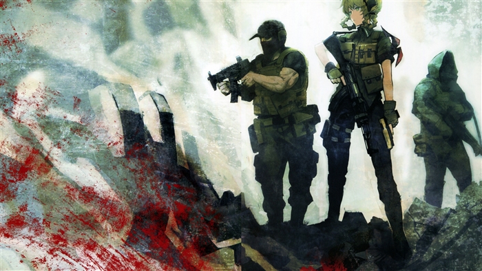 Three soldiers in tactical gear with weapons
