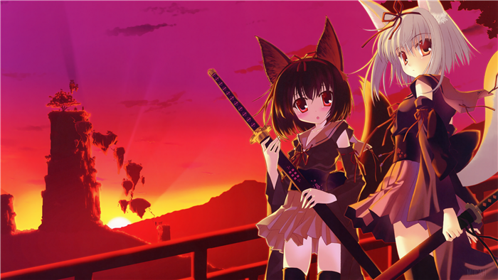 Two anime girls with fox ears and swords at sunset