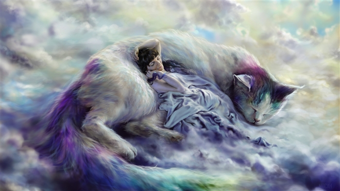 Giant Cat Sleeping with Woman in Clouds 4K