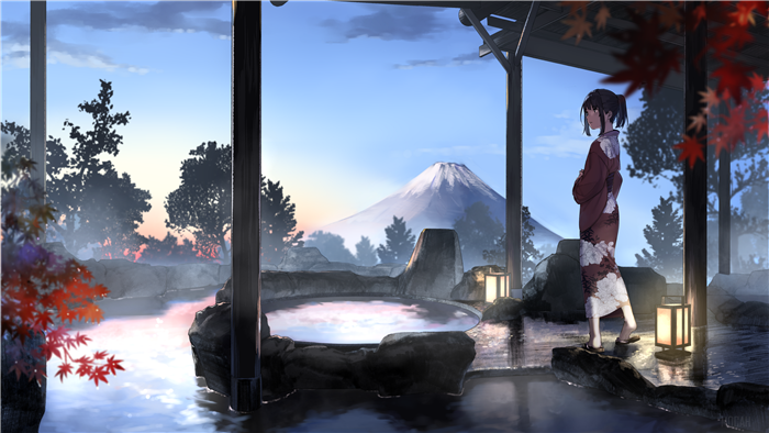 Girl in Yukata at Onsen with Mt. Fuji