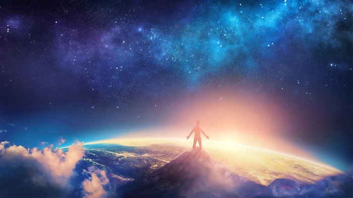 Man on a mountain overlooking Earth and stars