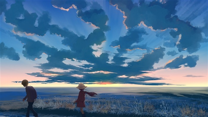 Boy and Girl Watching Sunset Under Cloudy Sky