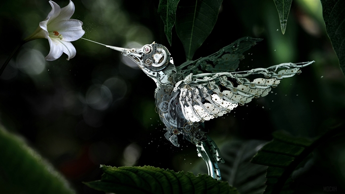 Mechanical hummingbird feeding from a white lily 4K