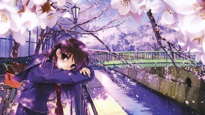 Girl in uniform by cherry blossom river 4K