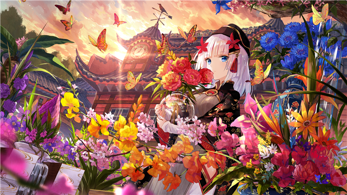 Anime girl with flowers and butterflies