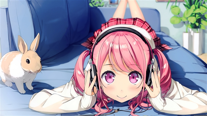 Girl with pink hair and headphones with a rabbit