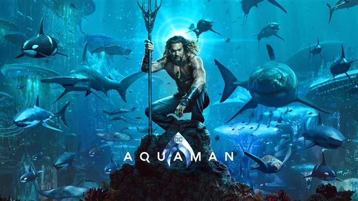 Aquaman with Trident surrounded by marine life