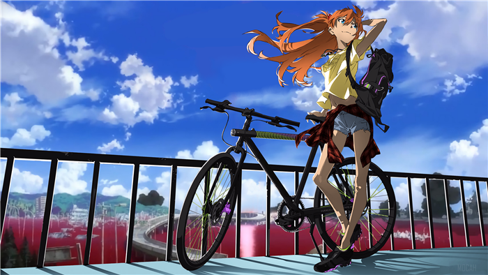 Asuka Langley Sohryu from Neon Genesis Evangelion with a bike