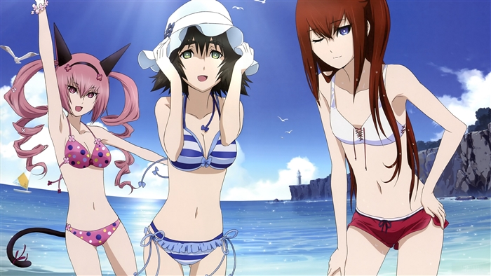 Three anime girls in bikinis at the beach