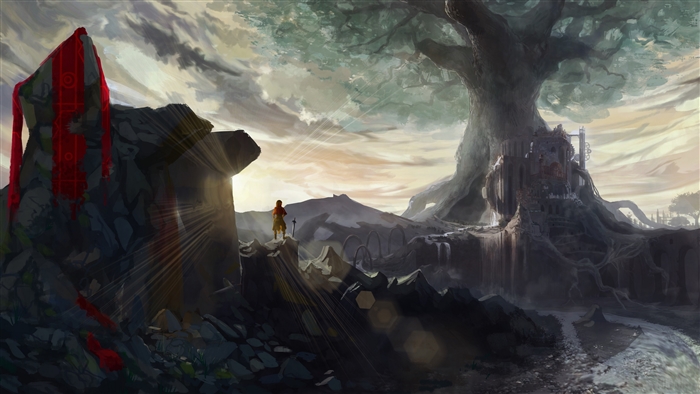 Fantasy landscape with ancient tree and ruins