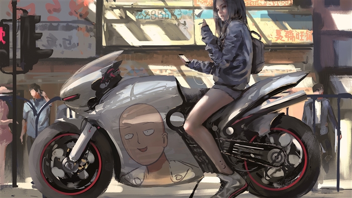 Girl on a motorcycle with Saitama art