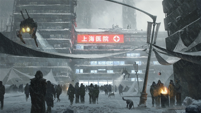 Cyberpunk hospital in a snowstorm with robots and people