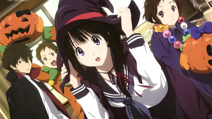 Hyouka characters in Halloween costumes