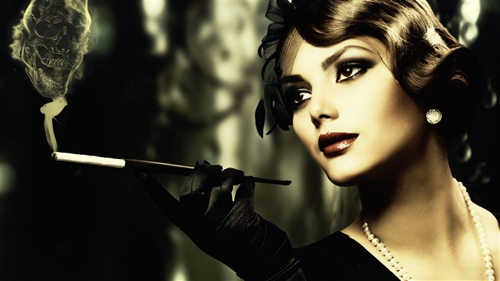Vintage Woman Smoking Cigarette with Skull Smoke 4K