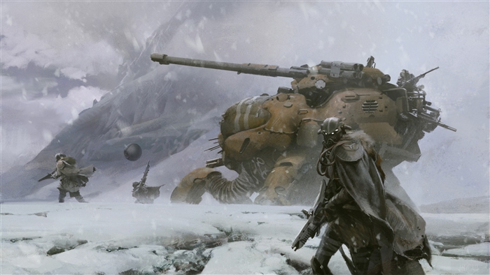 Destiny 4K concept art of soldiers and a tank in snow