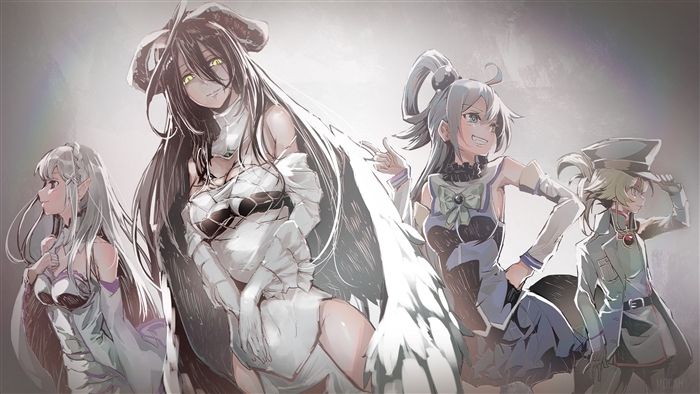 Albedo, Aqua, Emilia, and Tanya Degurechaff from Overlord, KonoSuba, Re:ZERO, and Youjo Senki 4K