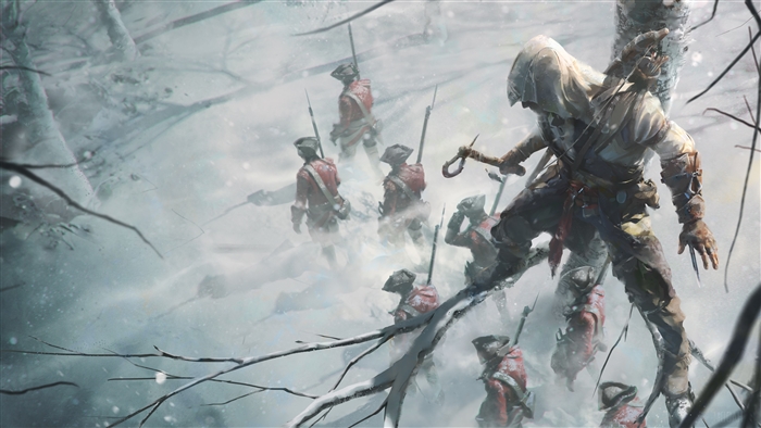 Connor from Assassin's Creed III in a snowy forest