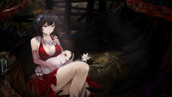 Woman in Red Dress Holding a Baby with Black Wings