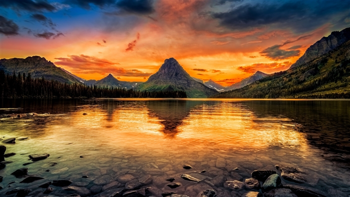 Glacier National Park Sunset over Reflective Lake 4K