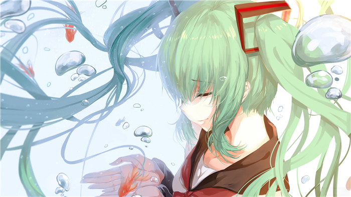 Hatsune Miku with Koi Fish and Bubbles